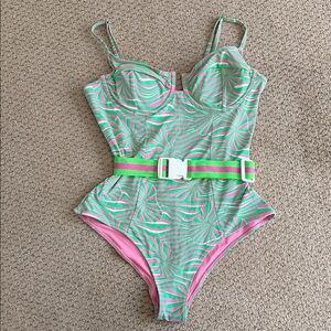 Vetchy Stylish Green and Pink One-Piece Swimsuit